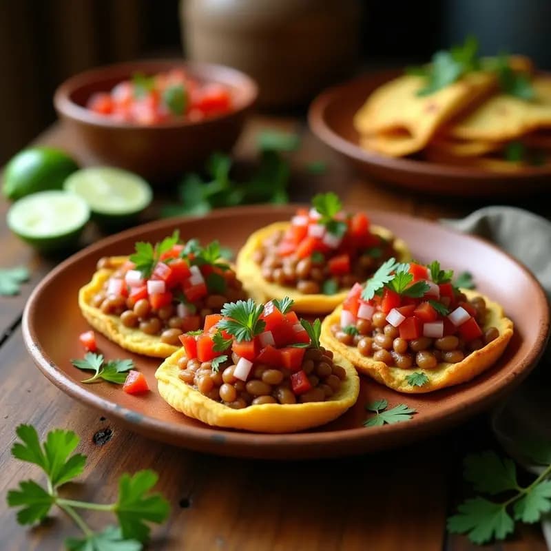 Tostadas doradas de pan de elote con una capa generosa de frijoles charros veganos y pico de gallo fresco, servidas en un plato de barro mexicana. Desayuno sin gluten y vegano con texturas crujientes y colores vibrantes.