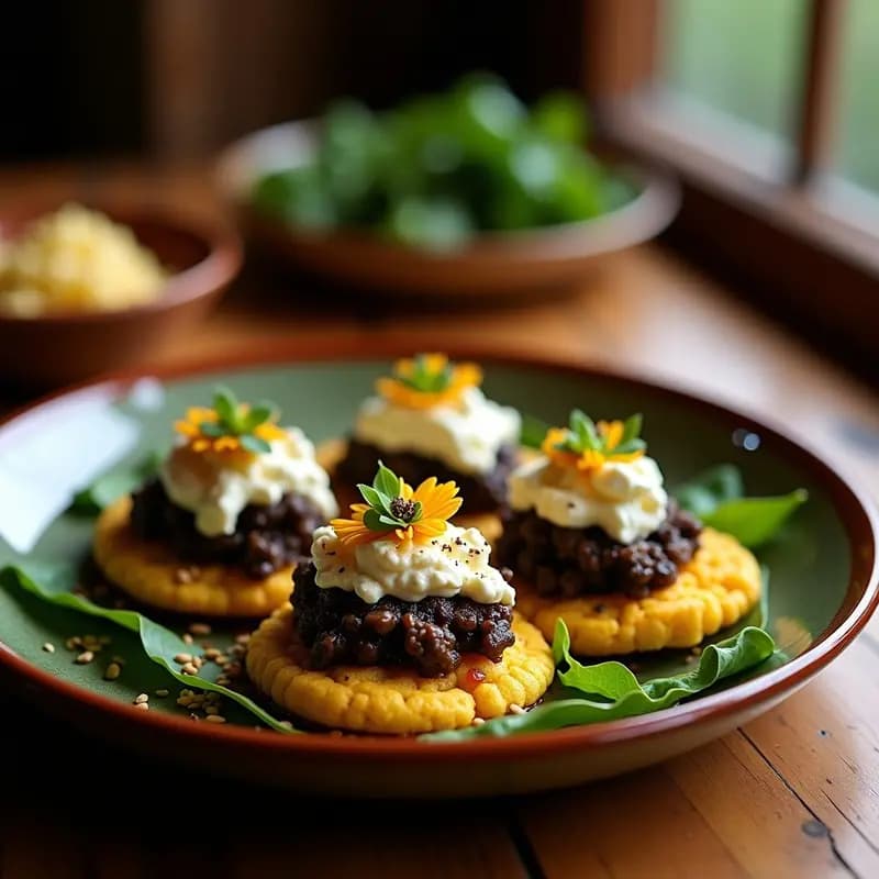 Tostadas doradas de pan de elote con una generosa capa de huitlacoche salteado, queso Oaxaca desmenuzado, flores de calabaza y crema ácida, servidas sobre hojas de lechuga morada en un plato de barro rústico, receta mexicana gourmet.