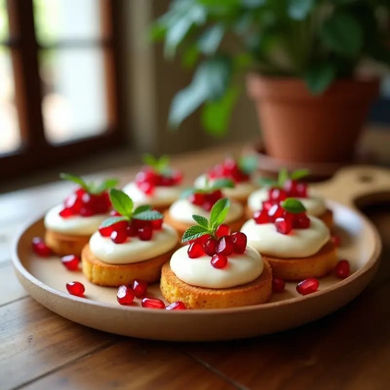 Tostadas crujientes de pan de garbanzo con una capa cremosa de ajoblanco blanco, decoradas con granos de granada rojos brillantes y hojas de menta fresca, servidas en una tabla de madera rústica con fondo desenfocado.