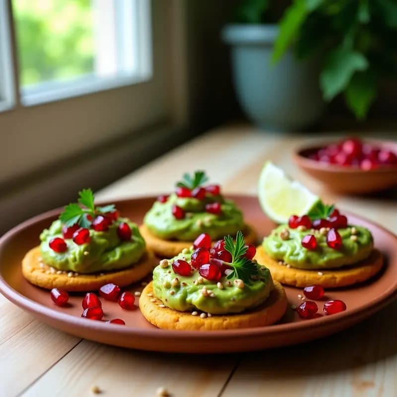 Tostadas doradas de pan de garbanzo decoradas con guacamole cremoso verde, semillas de granada rojas brillantes y semillas de sésamo tostadas, servidas en un plato de barro rústico con fondo de madera clara.