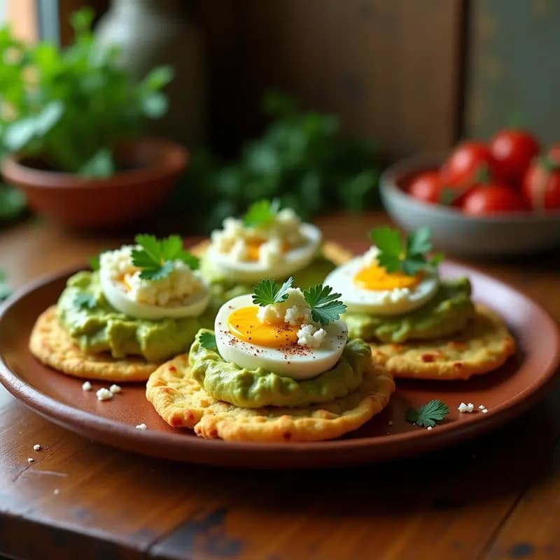 Tostadas doradas de pan de insectos con una capa cremosa de guacamole, huevos de codorniz en cuartos y queso fresco desmenuzado, servidas en un plato rústico de barro. Receta sostenible mexicana en airfryer.