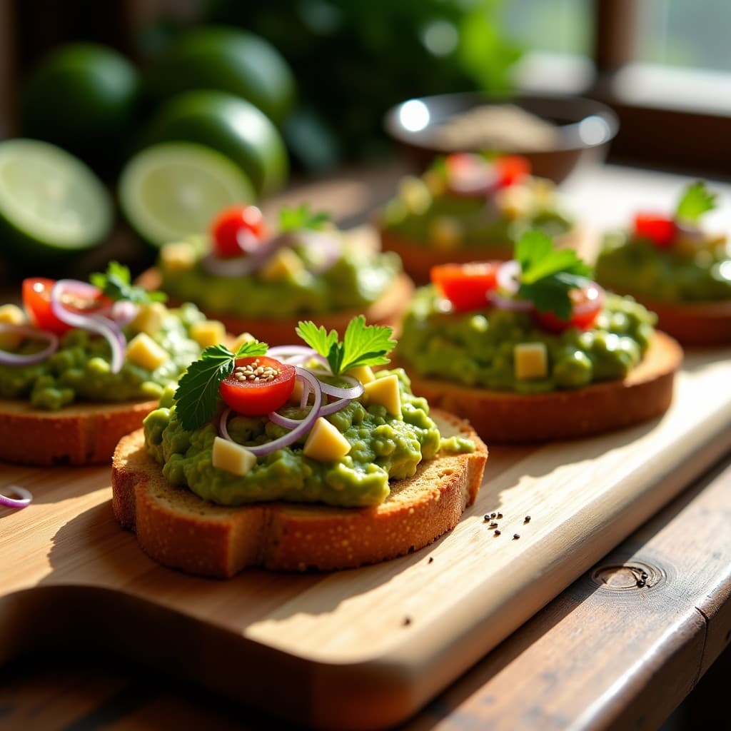 Tostadas doradas de pan de insectos con guacamole cremoso verde, decoradas con semillas de chía y cilantro fresco, servidas en una tabla de madera rústica. Receta sostenible y alta en proteína.