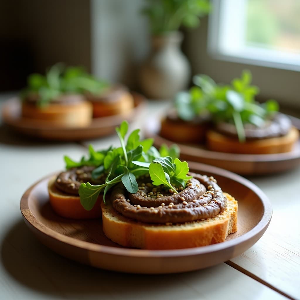 Tostadas doradas y crujientes de pan de insectos con una capa cremosa de hummus de habas negras, decoradas con rúcula fresca y semillas de sésamo tostadas. Desayuno sostenible y vegano servido en un plato de madera rústico con fondo claro.