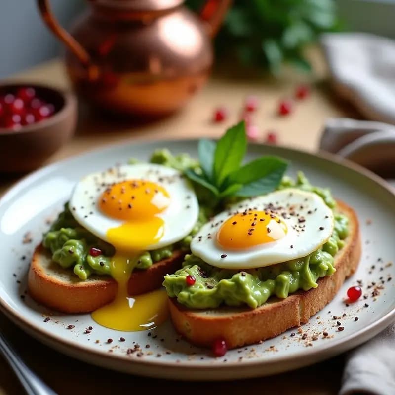 Tostadas doradas de pan de trigo khorfan con capas de crema de avocado y yogur, coronadas por huevos poché de yema líquida, semillas de sésamo negro, pimienta de Alepo y hojas de menta fresca. Plato de desayuno iraní alto en proteína con aceite de granada.