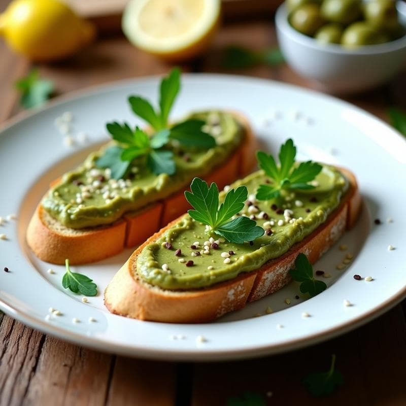 Plato blanco con tostadas doradas de pan de lentejas, finas y crujientes, untadas con un pâté cremoso de aceitunas verdes y alcaparras, decoradas con perejil fresco y semillas de sésamo. Entrante italiano keto bajo en carbohidratos.