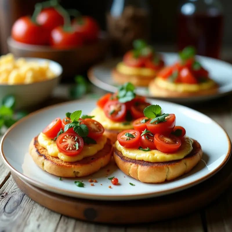 Tostadas doradas de pan de lentejas con paté cremoso de aceitunas Kalamata, tomates confitados brillantes y rúcula fresca, decoradas con semillas de sésamo. Entrante mediterráneo crujiente y colorido sobre fondo rústico.