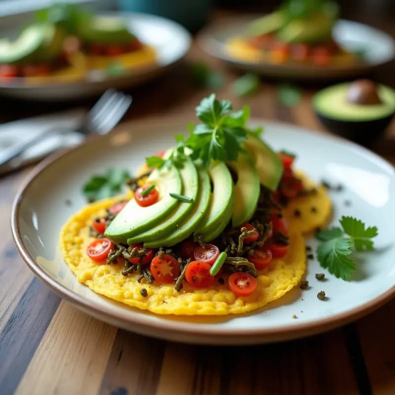 Tostadas doradas de pan de maíz azul con una capa cremosa de aguacate, coronadas con huevas de algas negras y brillantes, cebolla morada picada, cilantro fresco y semillas de sésamo. Plato colorido y apetitoso sobre un fondo rústico de madera, destacando los colores vibrantes del desayuno vegano alto en omega-3.
