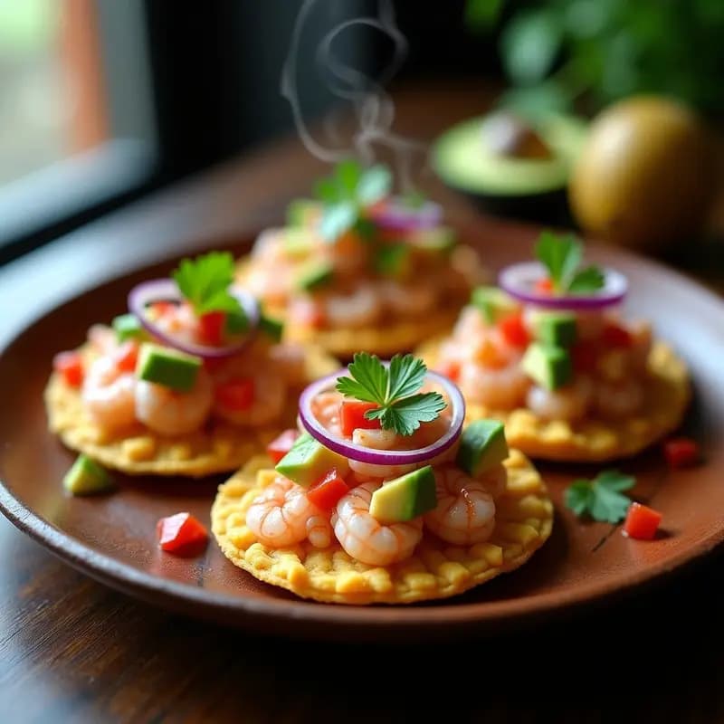 Tostadas de pan de maíz azul doradas con ceviche de camarones rosados, aguacate verde, cebolla morada y cilantro fresco, servidas en plato de madera rústico. Aperitivo perú-mex con leche de tigre y chile chipotle.