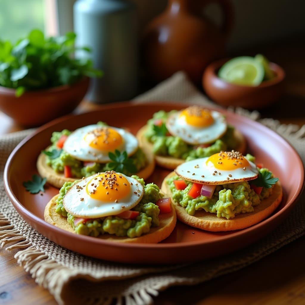 Tostadas doradas de pan de maíz azul con una capa cremosa de guacamole verde, coronadas por huevos poché de yema líquida y espolvoreadas con semillas de sésamo, servidas en un plato rústico de barro con fondo de cocina mexicana tradicional.