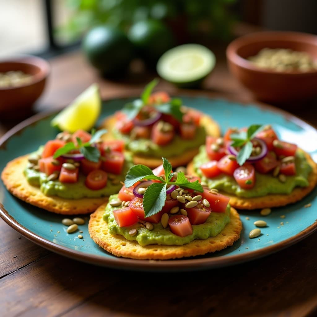 Tostadas doradas de pan de maíz azul con guacamole cremoso de aguacate, decoradas con semillas de calabaza tostadas y cilantro fresco, servidas en un plato de barro rústico sobre una mesa de madera con rodajas de lima y fondo de ingredientes aztecas como chiles y epazote.