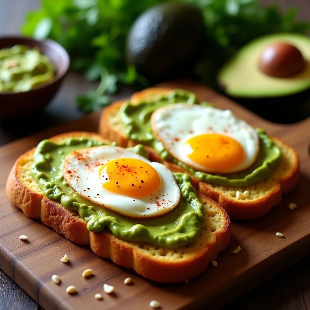 Plato con dos tostadas doradas de pan de maíz venezolano, cubiertas con guasacaca cremosa verde y coronadas con huevo pochado de yema líquida. Espolvoreadas con semillas de sésamo y pimentón dulce, sobre fondo rústico de madera.