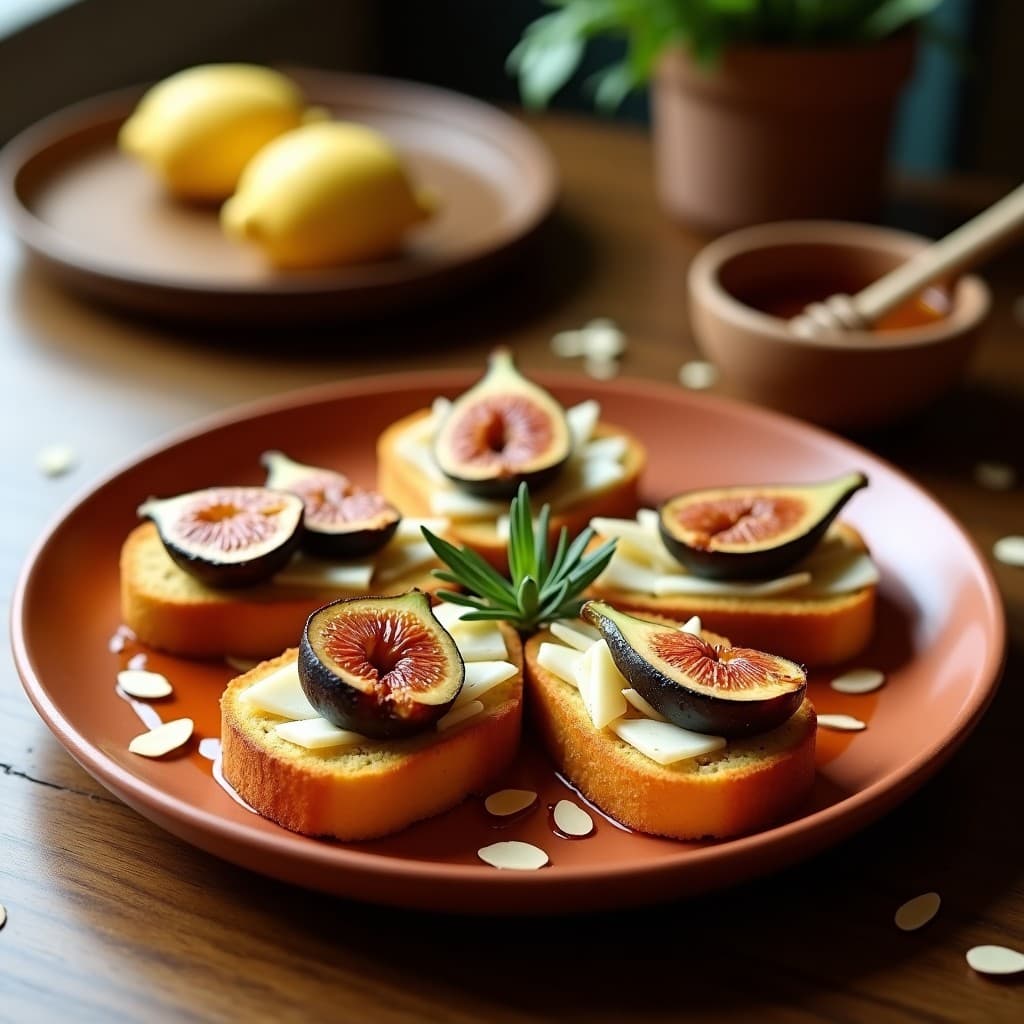Tostadas doradas de pan de maíz sin gluten con higos asados caramelizados, queso de oveja griego rallado y almendras fileteadas, servidas en plato rústico de barro con romero fresco y miel de tomillo.