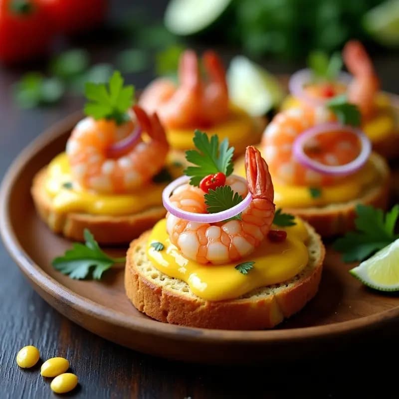 Tostadas doradas de pan de maíz con una capa cremosa de ocopa verde, camarones rosados marinados, cebolla morada en juliana, tomates cherry y un toque de aceite de oliva, presentadas en un plato rústico de madera con fondo borroso de cocina tradicional peruana.