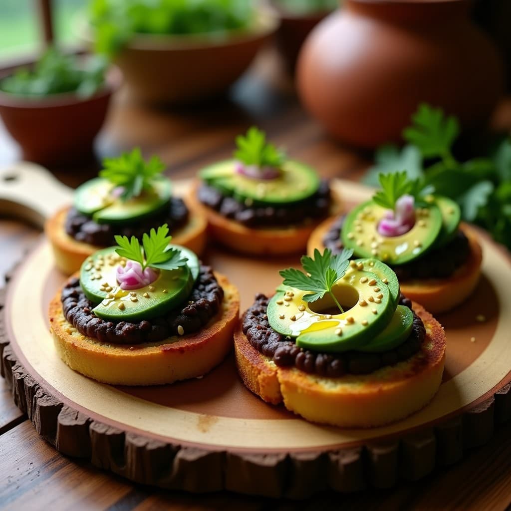 Tostadas doradas de pan de maíz con una capa cremosa de puré de frijoles negros, láminas de aguacate verde y decoración de cilantro fresco y semillas de sésamo. Plato típico colombiano servido en tabla de madera rústica.