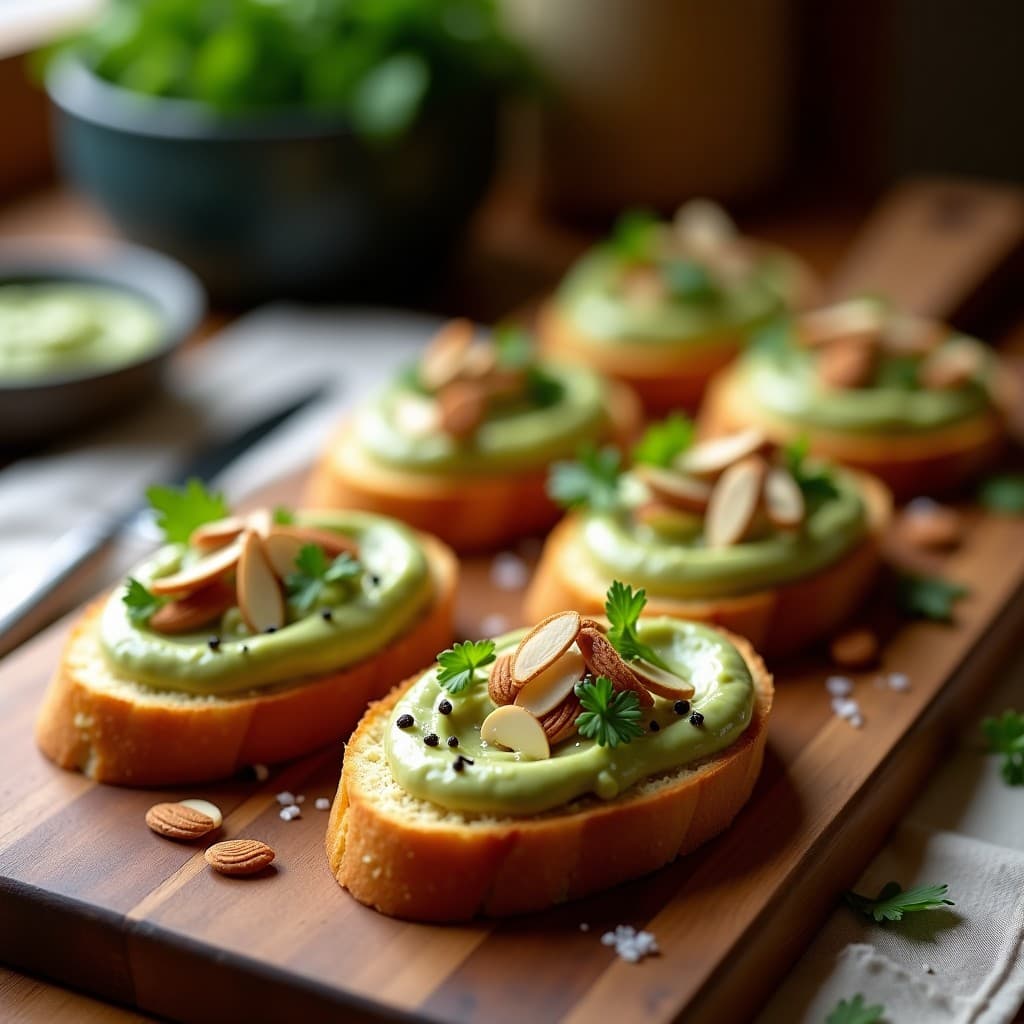 Tostadas doradas de pan de maíz con puré cremoso de habas verdes, decoradas con aceite de trufa negra, hojas de menta fresca y virutas de almendra tostada, servidas en una bandeja de madera rústica con fondo borroso.