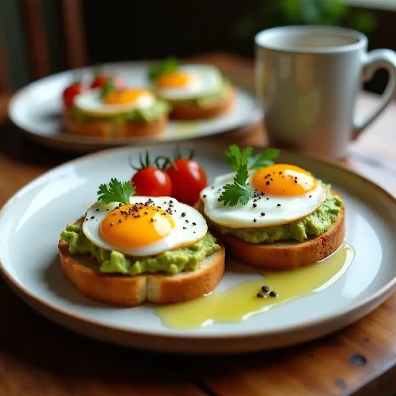 Tostadas doradas de pan de mandioca con una capa cremosa de guacamole verde y huevos pochados de yema líquida, decoradas con cilantro fresco y un hilo de aceite de oliva. Desayuno brasileño sin gluten sobre un plato de madera rústica.