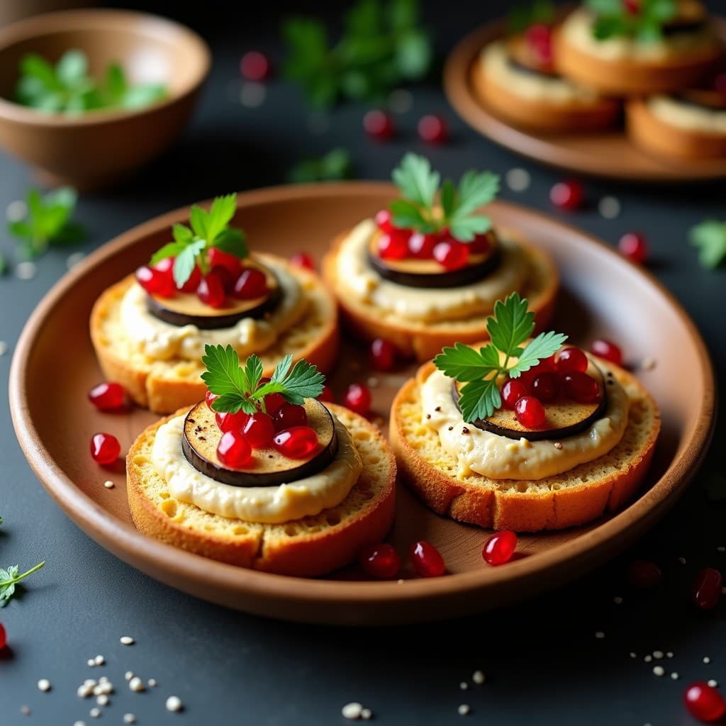 Tostadas doradas de pan de mandioca crujientes con una capa cremosa de pâté de berenjena asada y tahini, decoradas con semillas de sésamo y hierbas frescas. Receta brasiler sin gluten.