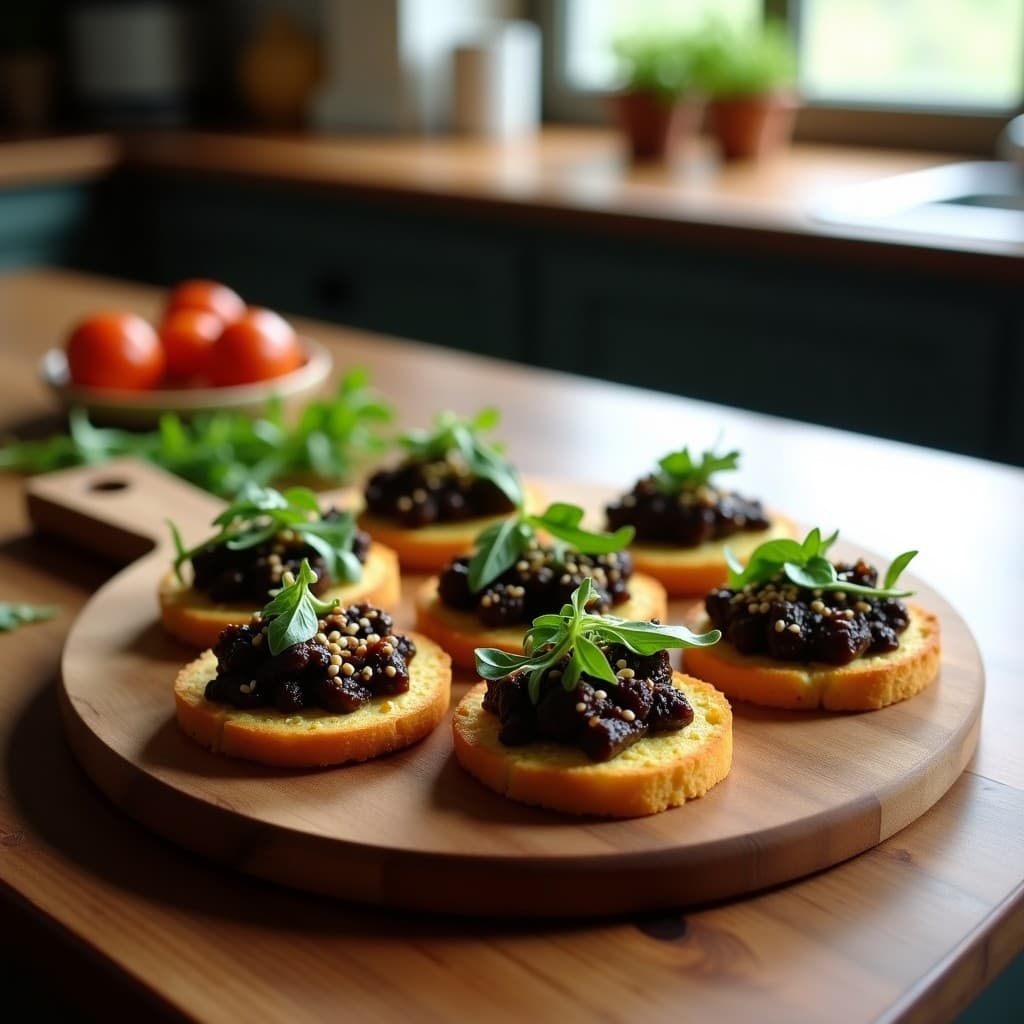 Tostadas doradas de pan de mandioca brasileño con una capa generosa de puré de aceitunas negras y tomate seco, decoradas con rúcula fresca y semillas de sésamo tostadas. Plato servido en una tabla de madera rústica con fondo de cocina minimalista.