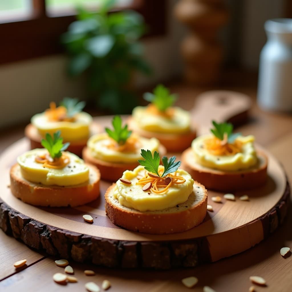 Tostadas doradas de pan multicereales con paté cremoso de alcachofas y hebras de azafrán, decoradas con virutas de almendra y perejil fresco sobre tabla de madera rústica.