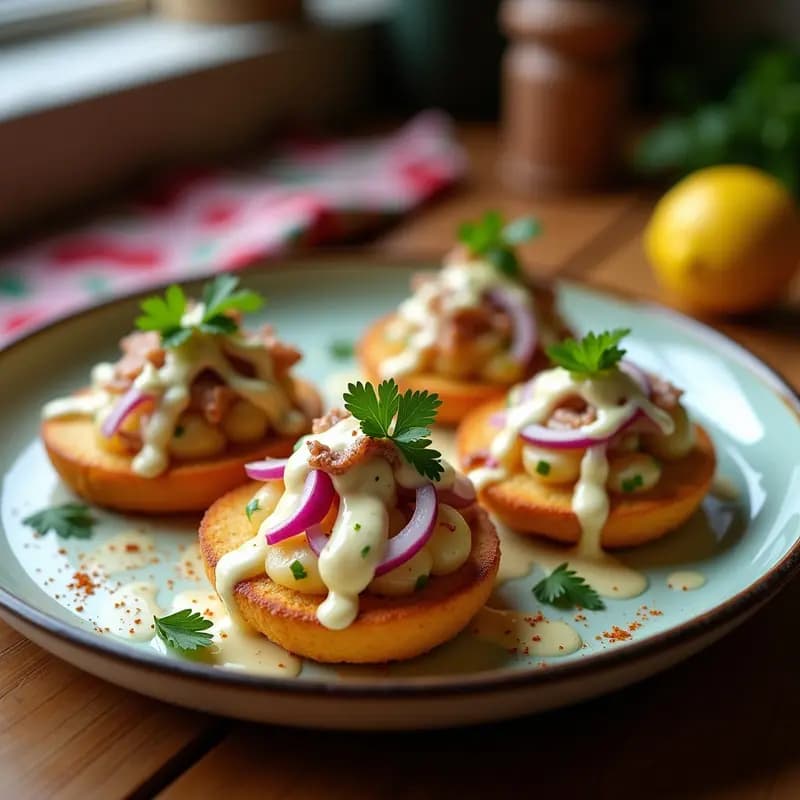 Tostadas doradas y crujientes de pan de papas amarillas con ceviche de pulpo marinado en limón, cebolla roja y culantro, coronado con aioli de limón cremoso. Plato peruano gourmet con texturas crunchy y sabores cítricos.