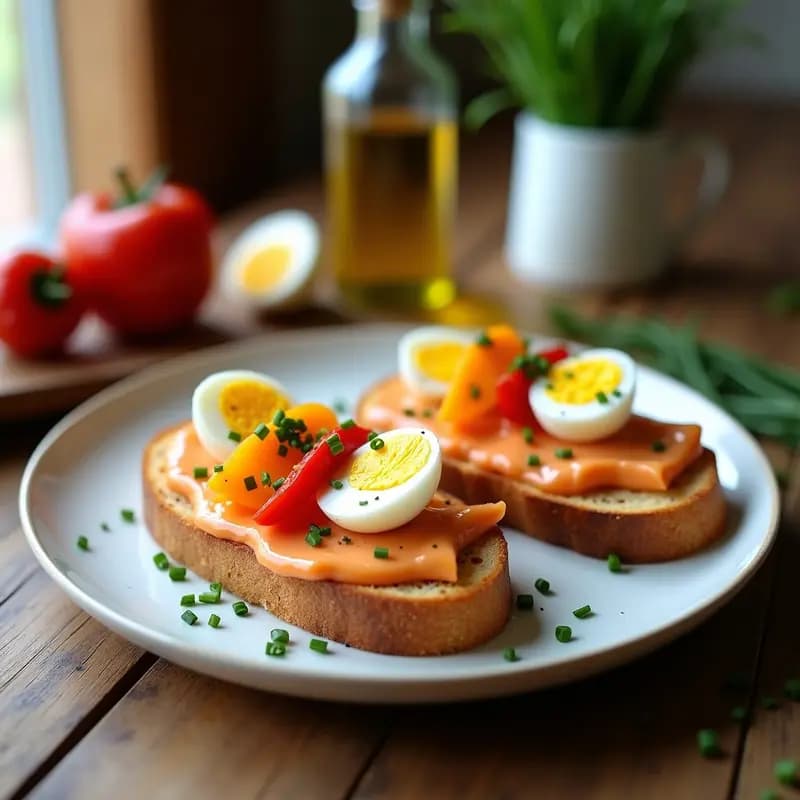Tostadas doradas de pan de payés con una crema untuosa de ventresca de atún, cubiertas con tiras de pimientos asados rojos, rodajas de huevo duro y un toque de cebollino fresco. Plato sencillo pero elegante, ideal para un desayuno energético.