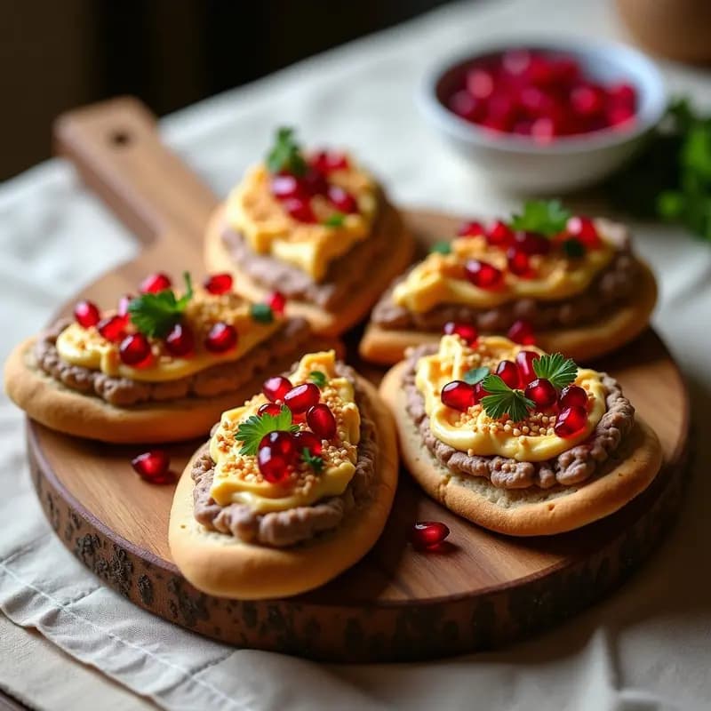 Tostadas doradas y crujientes de pan de pita integral con una capa cremosa de mutabal de berenjena ahumada, decoradas con semillas de granada rojas vibrantes, perejil fresco picado y semillas de sésamo tostadas, servidas en una tabla de madera rústica con un hilo de aceite de oliva.