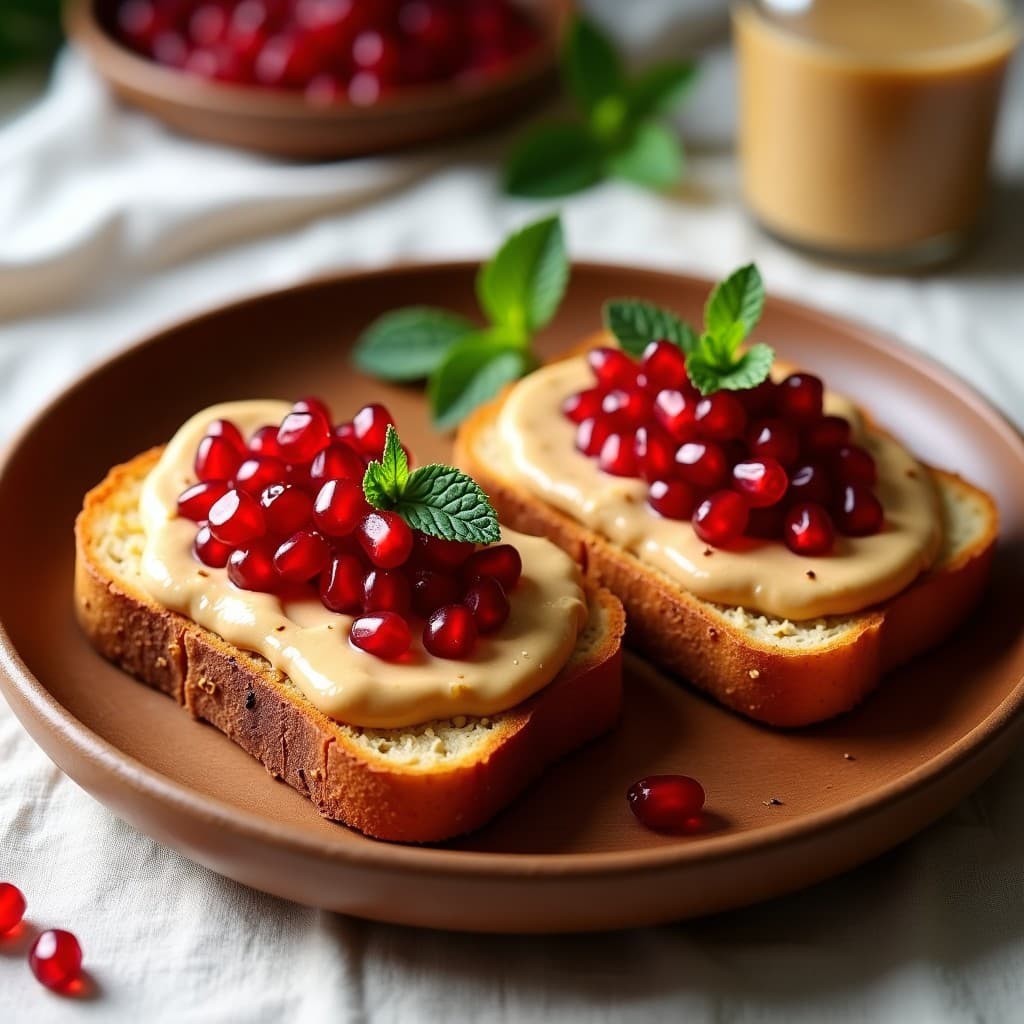 Tostadas doradas de pan de plátano sin gluten con una capa generosa de crema de cacahuete cremosa, decoradas con semillas de granada rojas brillantes y un toque de semillas de sésamo negro. Plato blanco rústico con fondo de madera clara y taza de café al lado. Desayuno energy boost saludable y nutritivo.