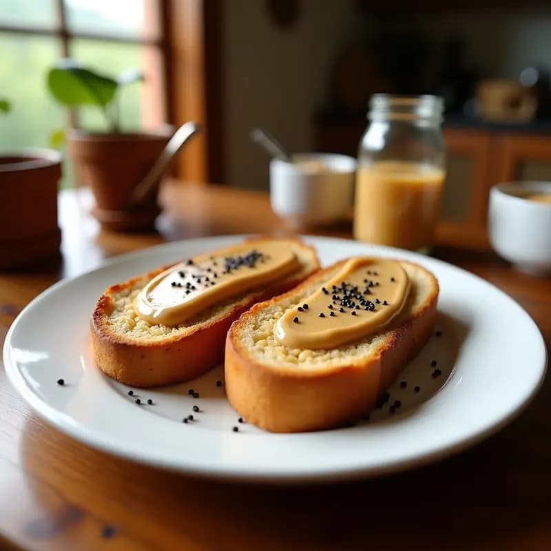 Tostadas doradas de pan de plátano casero con una capa cremosa de crema de cacahuetes y semillas de sésamo negro espolvoreadas, servidas en un plato blanco rústico sobre una mesa de madera con un fondo desenfocado de cocina.