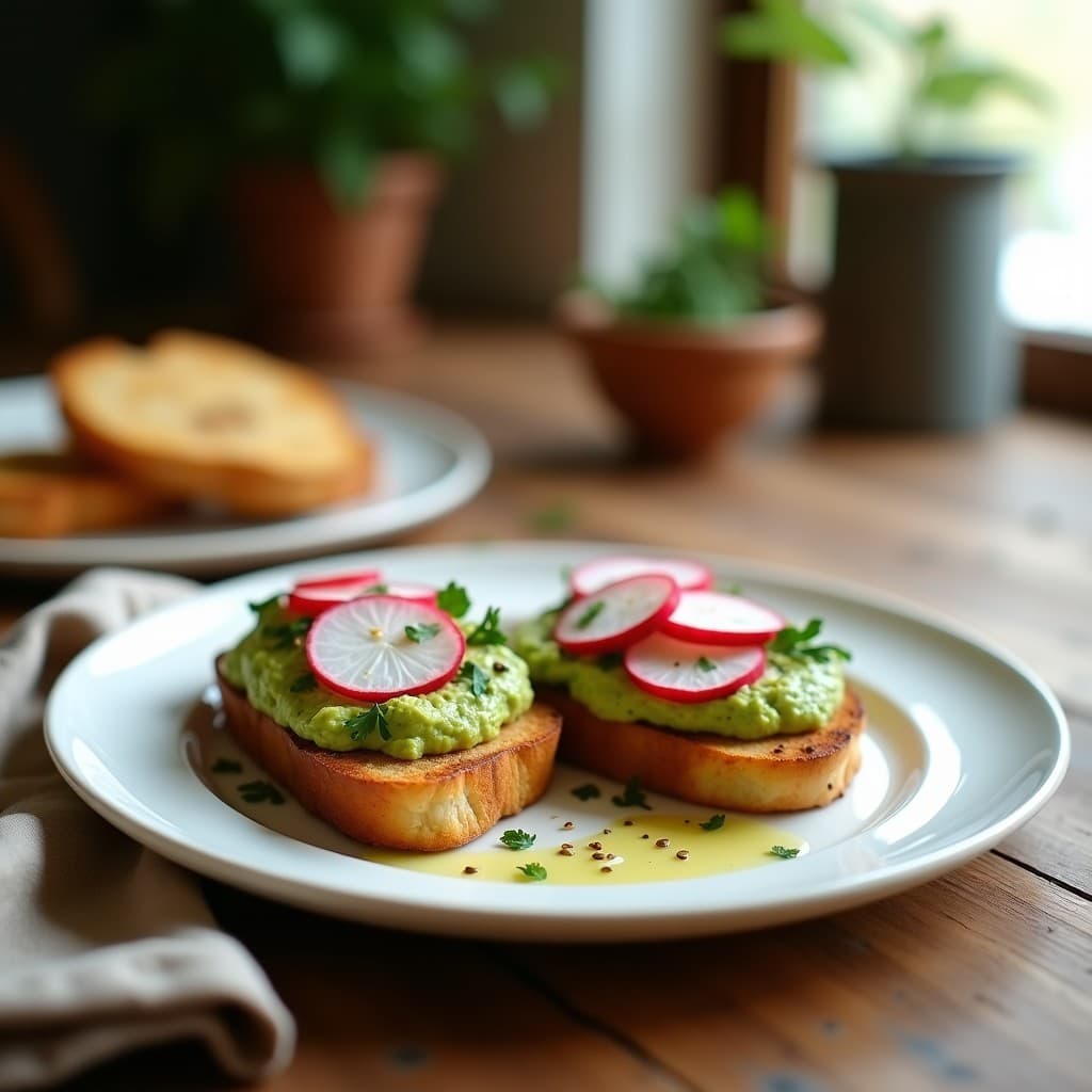 Plato blanco con tostadas doradas de pan de plátano keto, cubiertas con hummus cremoso de garbanzos verdes, rodajas de rábanos rosados, semillas de sésamo tostadas y cilantro fresco picado. Desayuno keto sin horno sobre fondo rústico de madera.