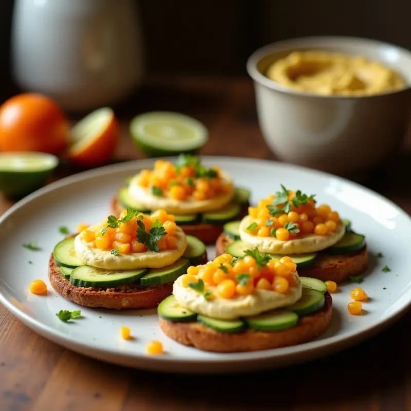 Tostadas doradas de pan de plátano con hummus de zanahoria naranja brillante, decoradas con semillas de calabaza crujientes y espirales de zanahoria cruda sobre fondo blanco. Desayuno vegano, crujiente y estético, perfecto para redes sociales.