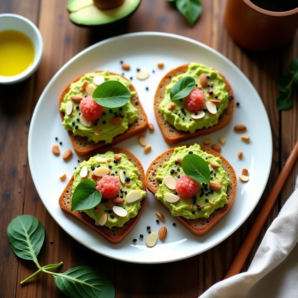 Plato de tostadas de pan de quinoa doradas con crema de avocado verde, hojas de shiso moradas y negras, semillas de sésamo negro y almendras fileteadas, desayuno macrobiotico saludable y colorido sobre fondo de madera clara.