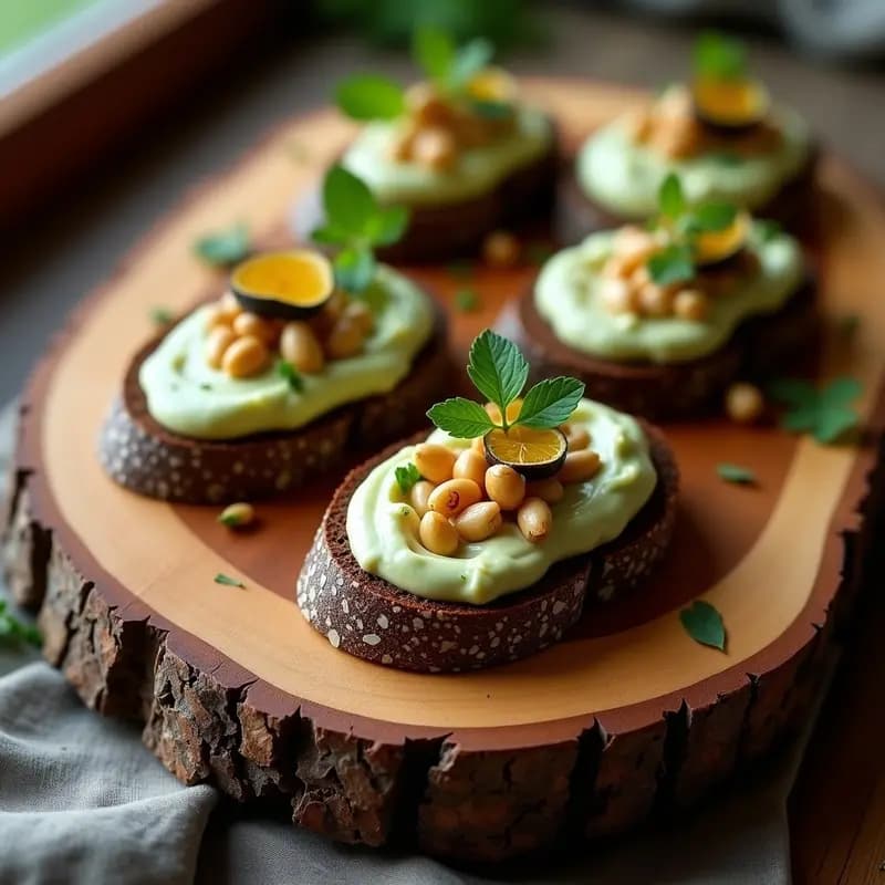 Tostadas de pan de trigo sarraceno dorado con crema sedosa de alcachofas, decoradas con láminas de trufa negra, piñones glaseados con miel y perejil fresco. Plato elegante y sofisticado sobre tabla de madera rústica.