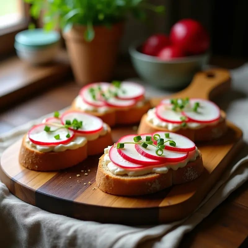 Tostadas de pan de sarrasin dorado con una crema suave de anchoas, decoradas con rodajas de rábanos frescos y cebollino picado. Entrante francés alto en omega-3 servido en una tabla de madera rústica.