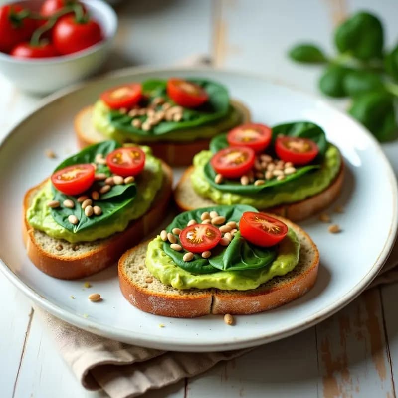 Tostadas doradas de pan de sorgo con crema de aguacate verde, semillas de cáñamo espolvoreadas, rodajas de tomate cherry y hojas de espinaca fresca, servidas en un plato blanco para tupper. Receta sin gluten.