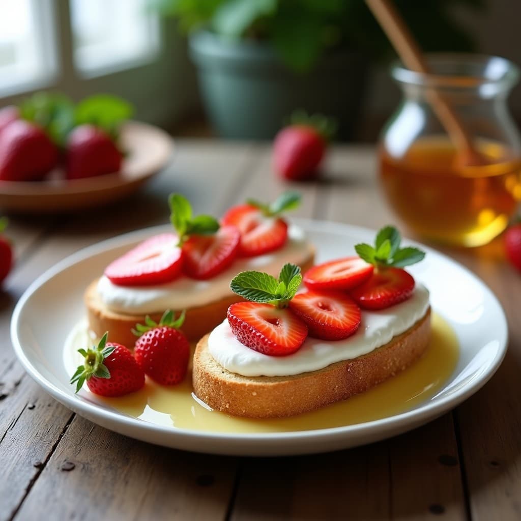 Tostadas doradas de pan de sorgo con una capa cremosa de bizcocho desmenuzado mezclado con yogur, coronadas con láminas de fresas frescas maceradas en miel y decoradas con un hilo de miel dorada, sobre un plato de cerámica blanca con fondo rústico de madera.