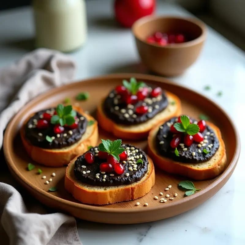 Tostadas doradas de pan de sorgo con una capa generosa de hummus de lentejas negras, decoradas con granados rojos brillantes y perejil fresco. Plato sencillo y apetecible sobre una mesa de madera con fondo desenfocado.