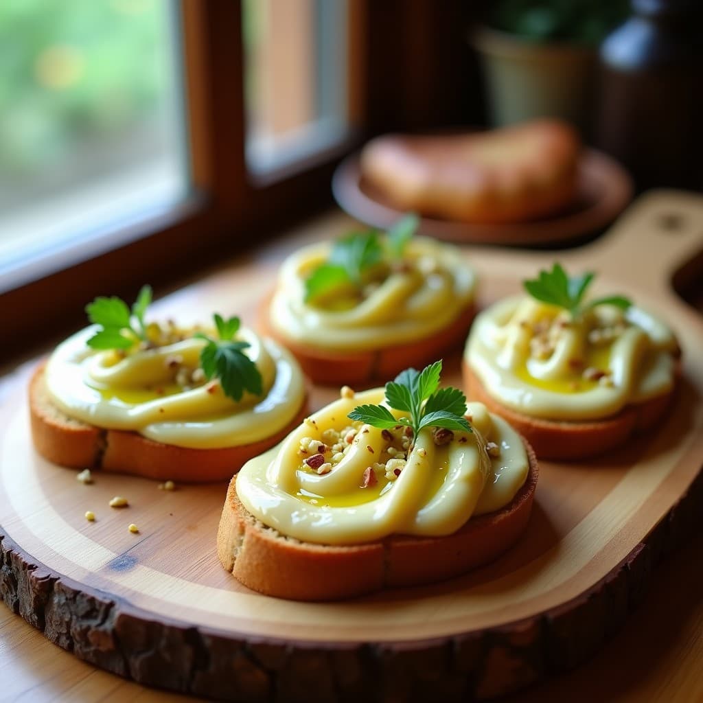 Tostadas doradas de pan de sorgo con puré cremoso de alcachofas, decoradas con aceite de pistacho verde brillante, perejil fresco y pistachos tostados triturados. Plato presentados en madera rústica con fondo borroso.