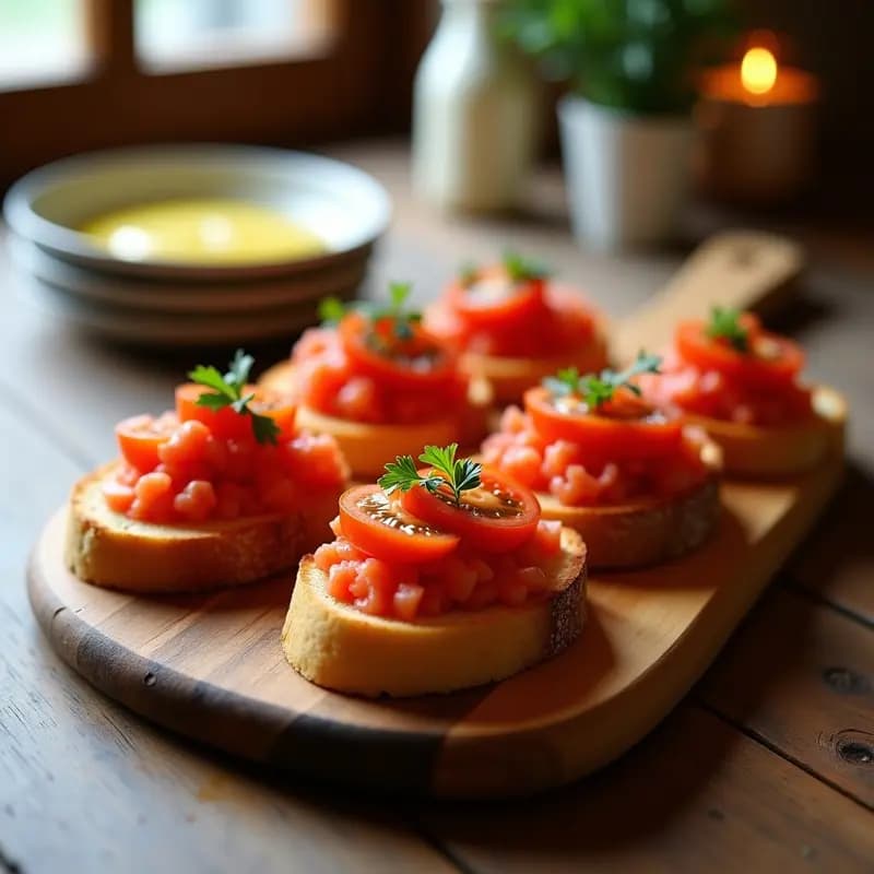 Tostadas de pan crujiente con tomate rallado fresco y anchoas en aceite, decoradas con perejil picado y un hilo de aceite de oliva virgen extra, servidas en una tabla de madera rústica como aperitivo catalán tradicional.