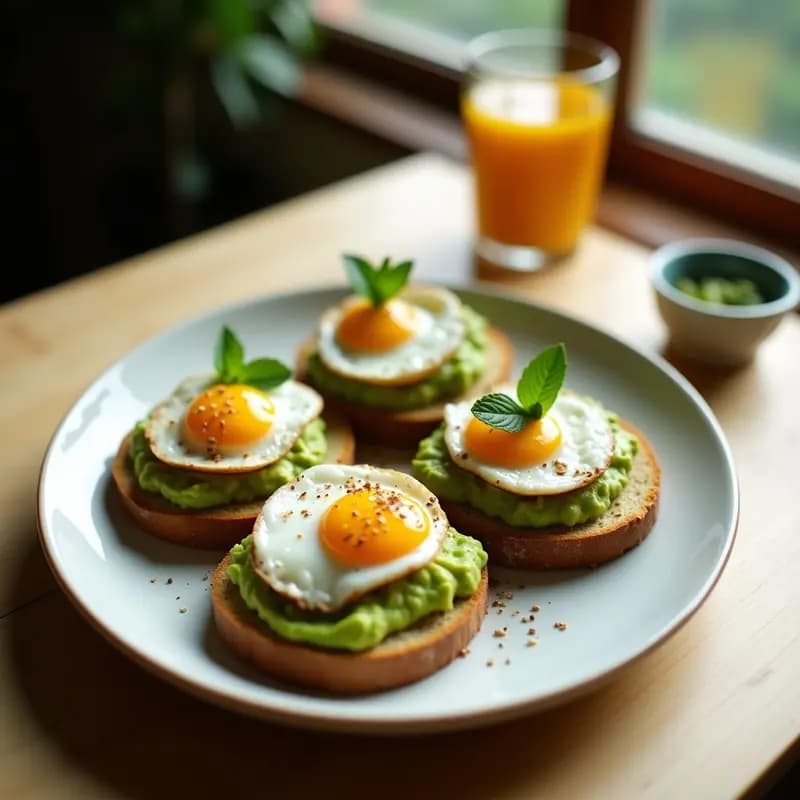 Tostadas doradas de pan de trigo verde con crema de aguacate verde brillante, huevos de codorniz fritos con yema líquida, decoradas con hierbabuena fresca y semillas de sésamo tostadas, servidas en un plato rústico de cerámica blanca sobre fondo de madera clara.
