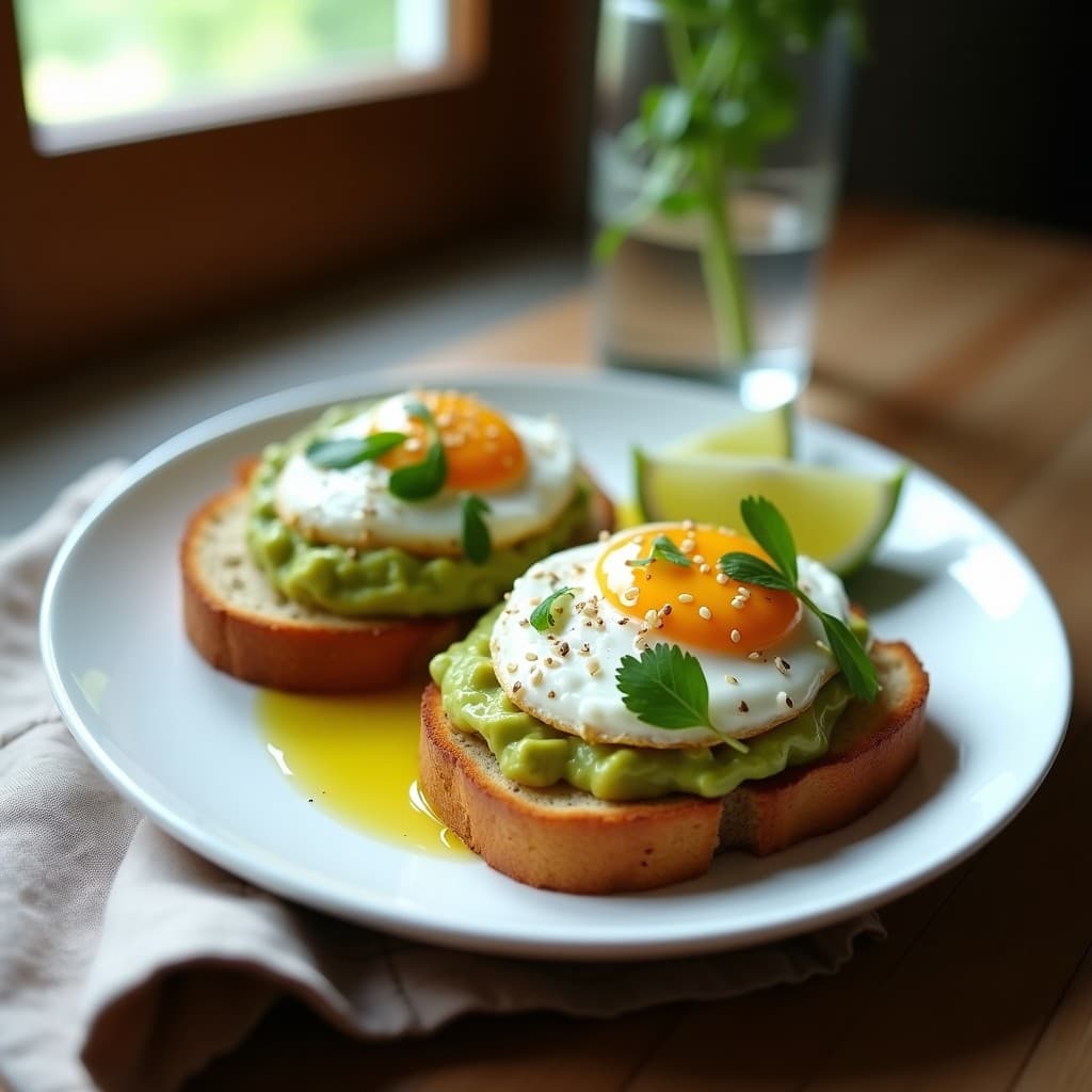 Plato blanco con dos tostadas doradas de pan de yuca, cubiertas con aguacate cremoso verde, huevos pochados con yema líquida amarilla brillante, espolvoreadas con semillas de sésamo y cilantro fresco. Receta ecuatoriana sin gluten para desayunar.