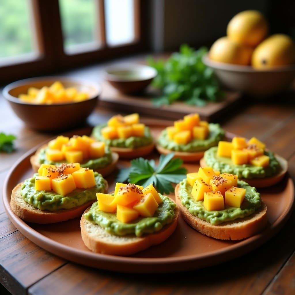 Tostadas doradas de pan de yuca con una capa cremosa de guacamole de mango y Tajín, decoradas con semillas de sésamo. Plato colorido y apetitoso sobre fondo rústico de madera, resaltando los tonos verdes del aguacate, naranjas del mango y el polvo rojo del Tajín.