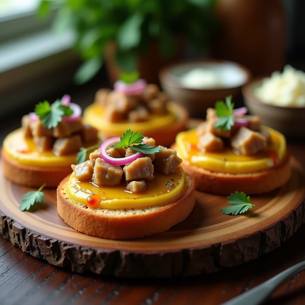 Tostadas doradas de pan de yuca con hígado de pollo escabechado, cebolla morada, pimentón y aceitunas, servidas en plato rústico. Receta colombiana en airfryer alta en proteína y sin gluten.