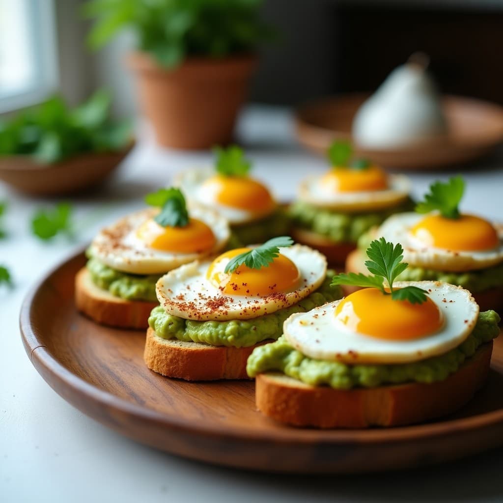 Tostadas doradas y crujientes de pan de yuca con una capa cremosa de palta machacada y huevos de codorniz fritos con yema líquida. Decoradas con semillas de chía y hojas de cilantro fresco sobre un plato de madera rústico. Receta sin gluten y keto.