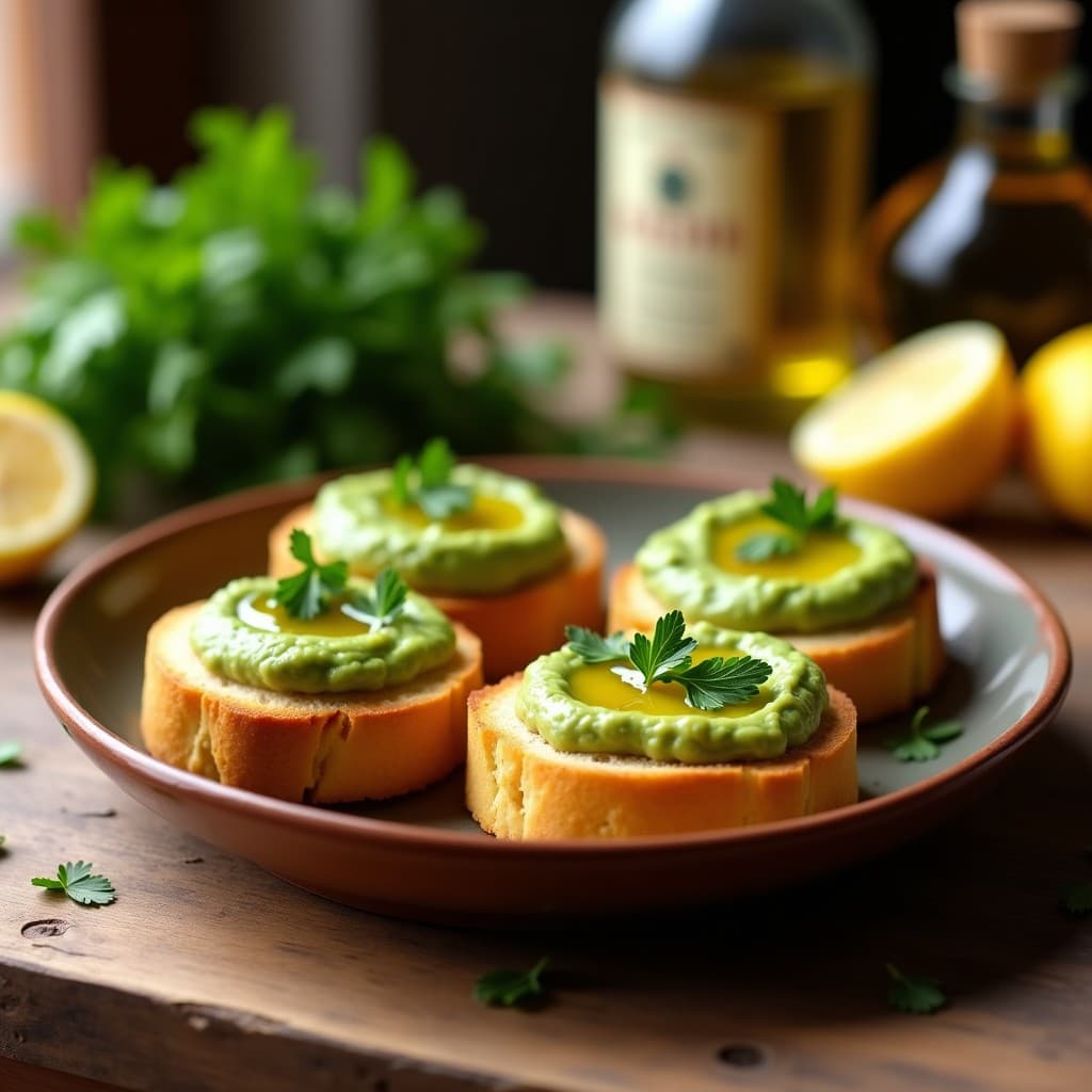 Tostadas doradas de pan de yuca con puré cremoso de habas verdes, decoradas con perejil fresco y un hilo de aceite de oliva picual, servidas en plato rústico de barro sobre fondo de madera clara.