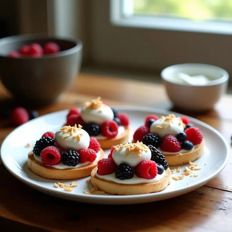 Tostadas de pavlova doradas y crujientes con capas de crema de anacardos, frutos del bosque frescos y merengue de aquafaba esponjoso, decoradas con hojuelas de coco y semillas de chía. Desayuno australiano sin gluten sobre fondo rústico.