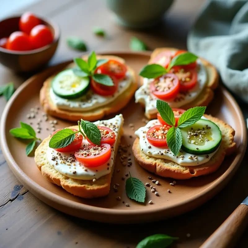 Tostadas doradas de pan de pita sin gluten con una capa cremosa de labneh, espolvoreadas con zaatar, aceite de oliva y decoradas con rodajas de pepino, tomates cherry, menta fresca y semillas de granada. Desayuno libanés alto en proteína y sin gluten.
