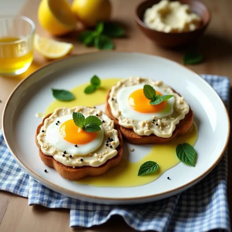 Plato blanco con tostadas de pan de pita integral doradas, cubiertas de taramosalata cremosa de color beige, huevo poché con yema líquida amarilla brillante, semillas de sésamo tostadas, hojas de menta fresca y un hilo de aceite de oliva. Desayuno griego alta en omega-3.