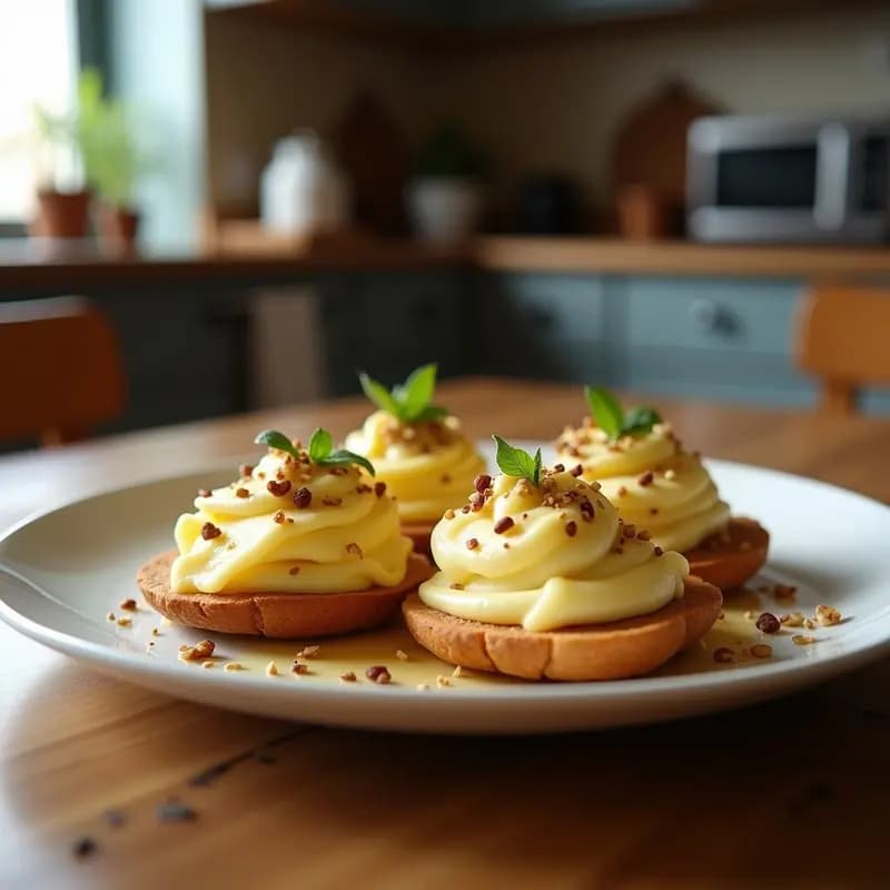 Tostadas doradas de pan integral con una capa cremosa de queso fresco tipo Burgos, bañadas en miel de brezo y espolvoreadas con nueces troceadas y una pizca de canela. Plato típico asturiano servido en un mantel rústico de lino.