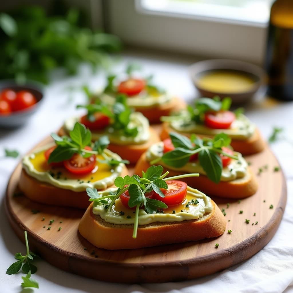 Tostadas doradas de pan de sarrín con una capa cremosa de paté de alcachofas y anchoas, decoradas con rúcula baby y tomates cherry. Plato elegante de aperitivo francés sin horno.