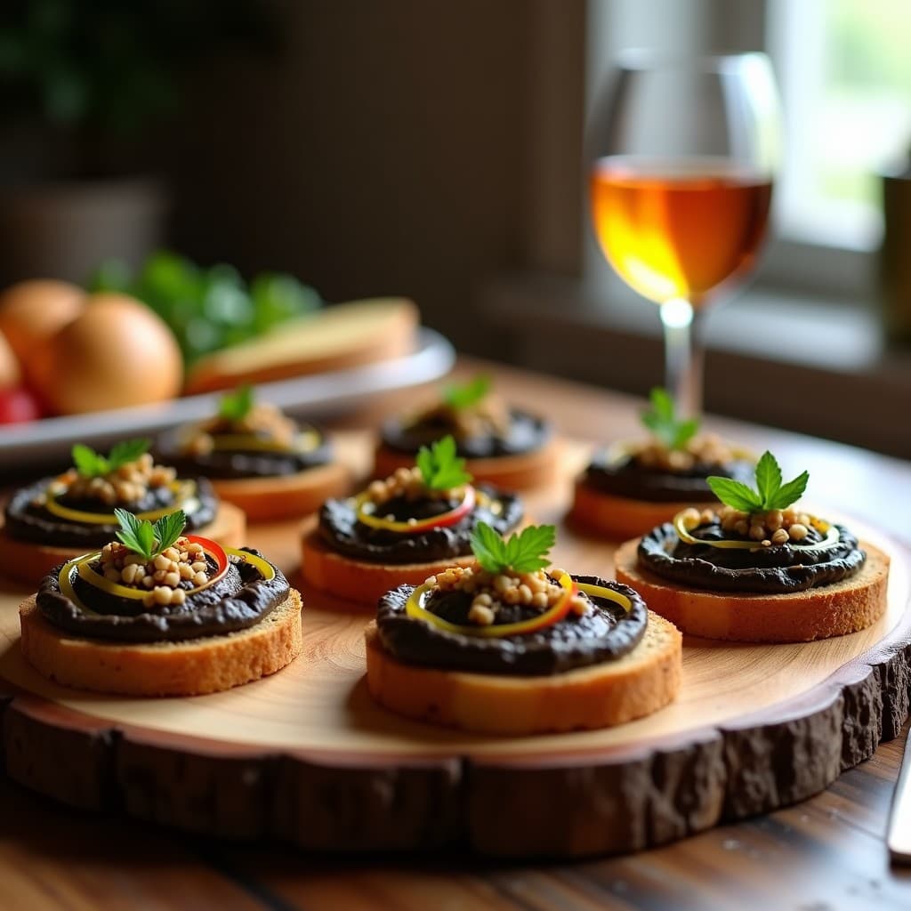 Tostadas doradas de pan de sorgo con una capa cremosa de hummus de lentejas negras, decoradas con aceite de oliva picante, perejil fresco y semillas de sésamo tostadas. Aperitivo español vegano y sin gluten sobre una tabla de madera rústica.